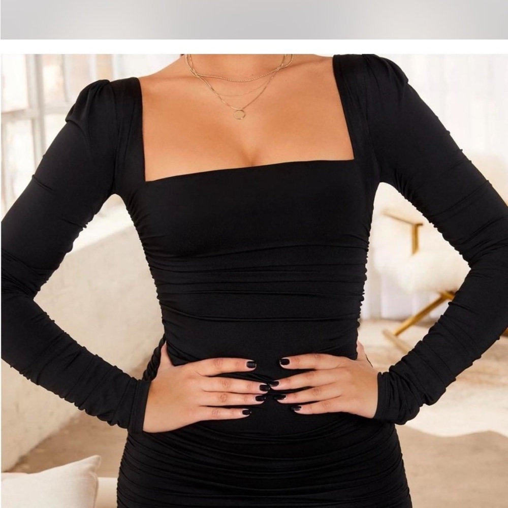 Square Neck Long Sleeve Black Bodycon Oh Polly Mini Dress